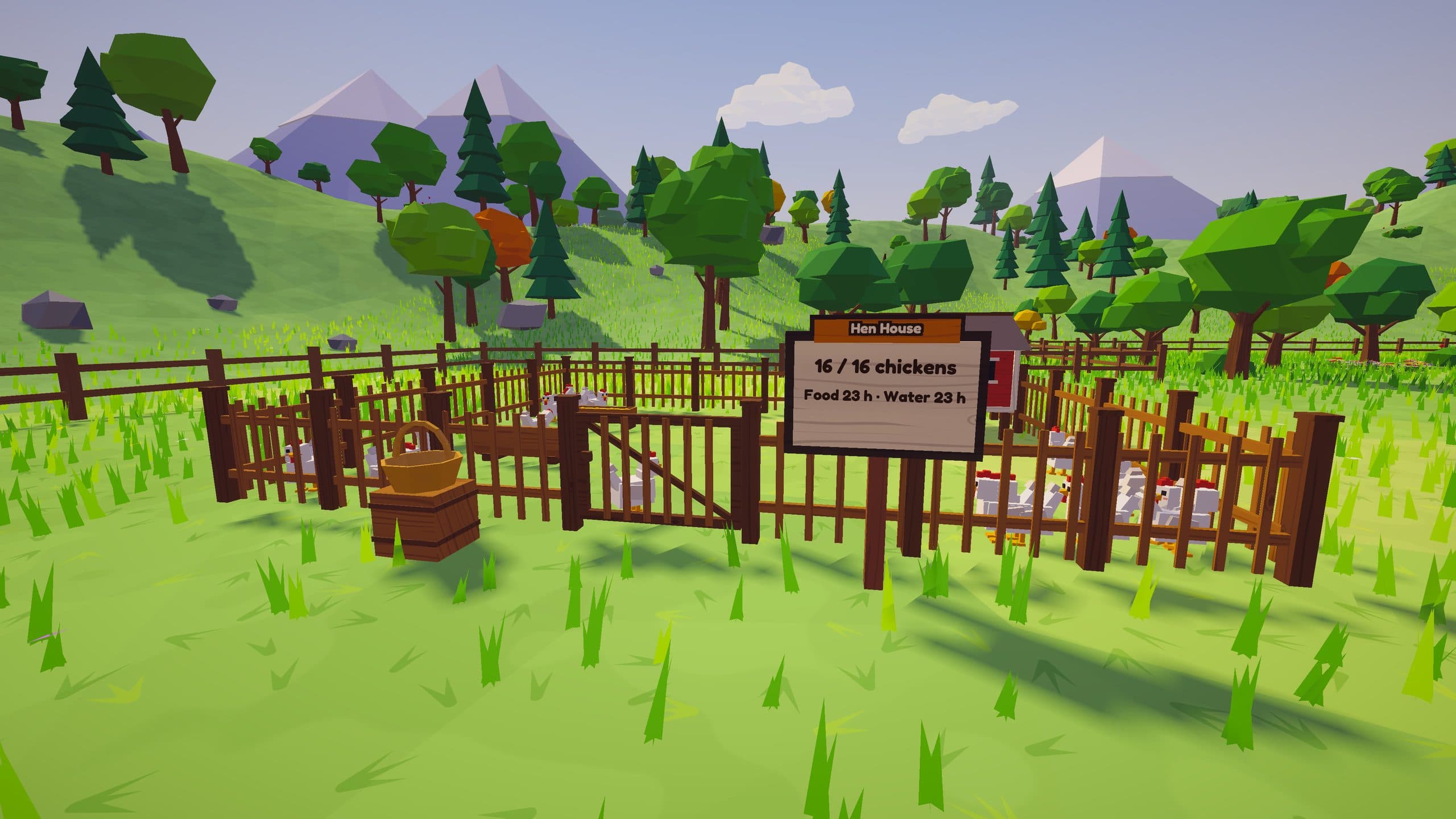 A fenced hen house on the meadow; its sign reads 16 of 16 chickens, food and water for 23 hours