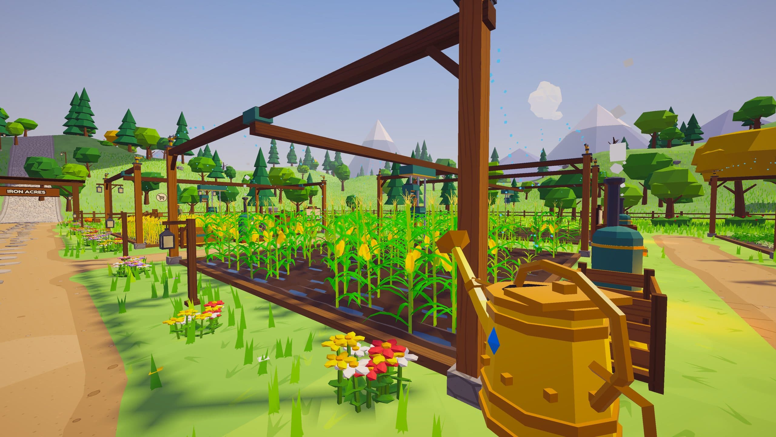 An automated plot: a wooden gantry with sprinklers watering rows of corn, a golden watering can in hand