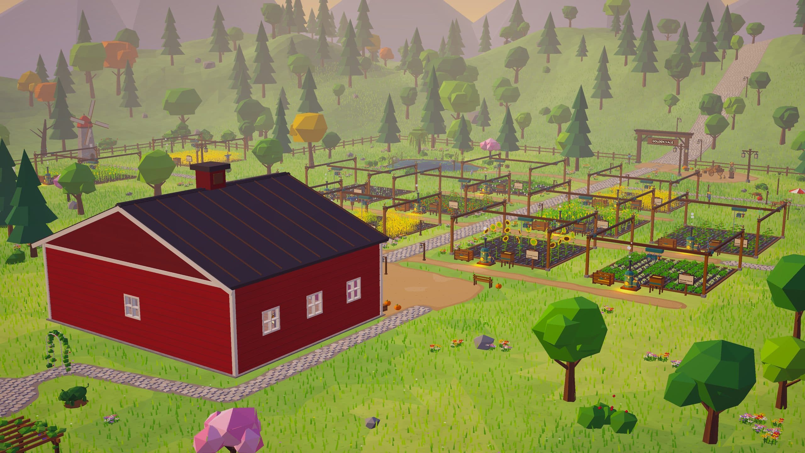 A large estate from above: the red barn beside rows of automated plots, trees and a park