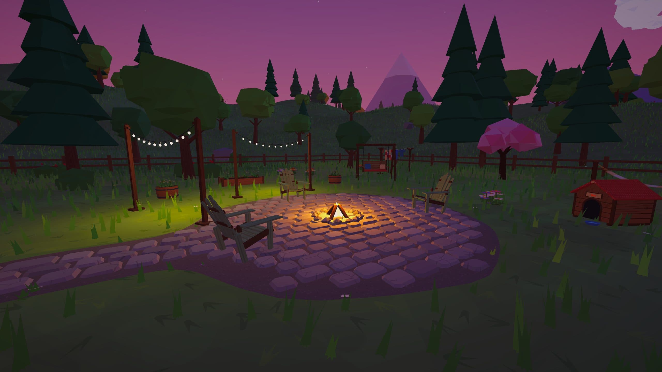 A stone patio at dusk with a fire pit, deck chairs and string lights