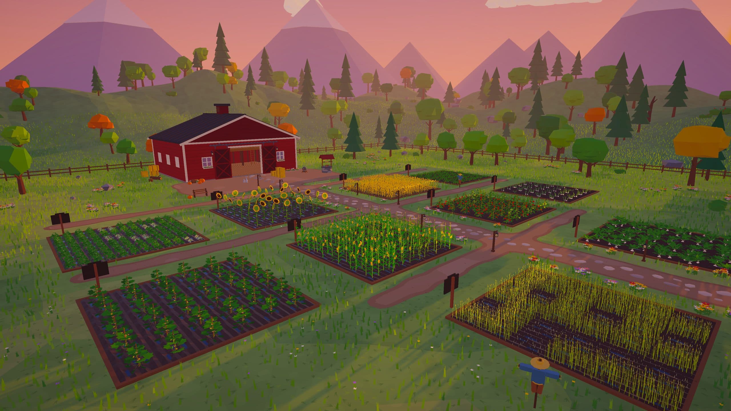 The farm from above in the evening light: a red barn, square crop plots and dirt paths under a pink sky