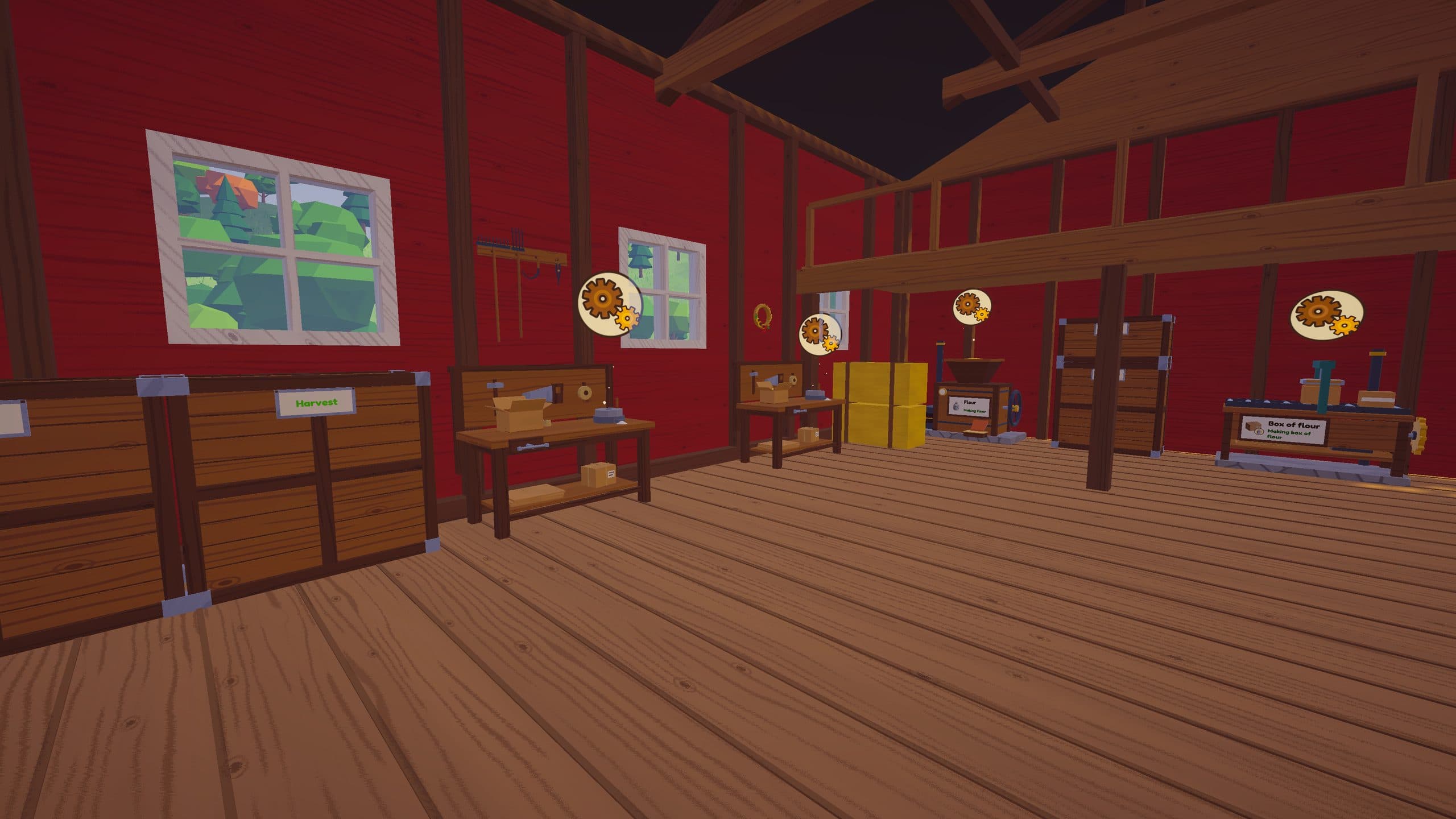 The workshop in the barn: workbenches, labelled chests and crates under the windows